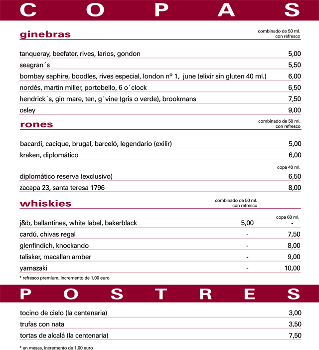 Cartas Copas y Postres Los Alcalareos